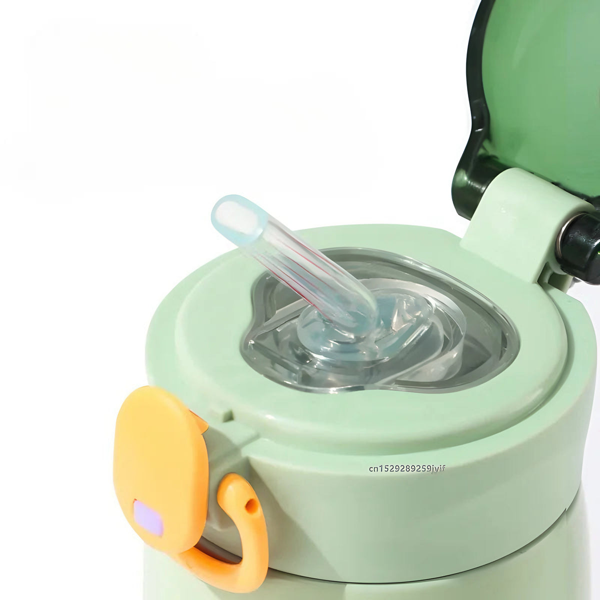 Gourde isotherme enfant à paille : Bouchon ouvert, paille, bouton orange