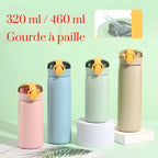 Gourde isotherme enfant à paille, 320 ou 460 ml : 4 gourdes (rose, bleu, vert, beige) en décor