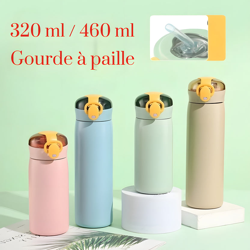 Gourde isotherme enfant à paille, 320 ou 460 ml : 4 gourdes (rose, bleu, vert, beige) en décor