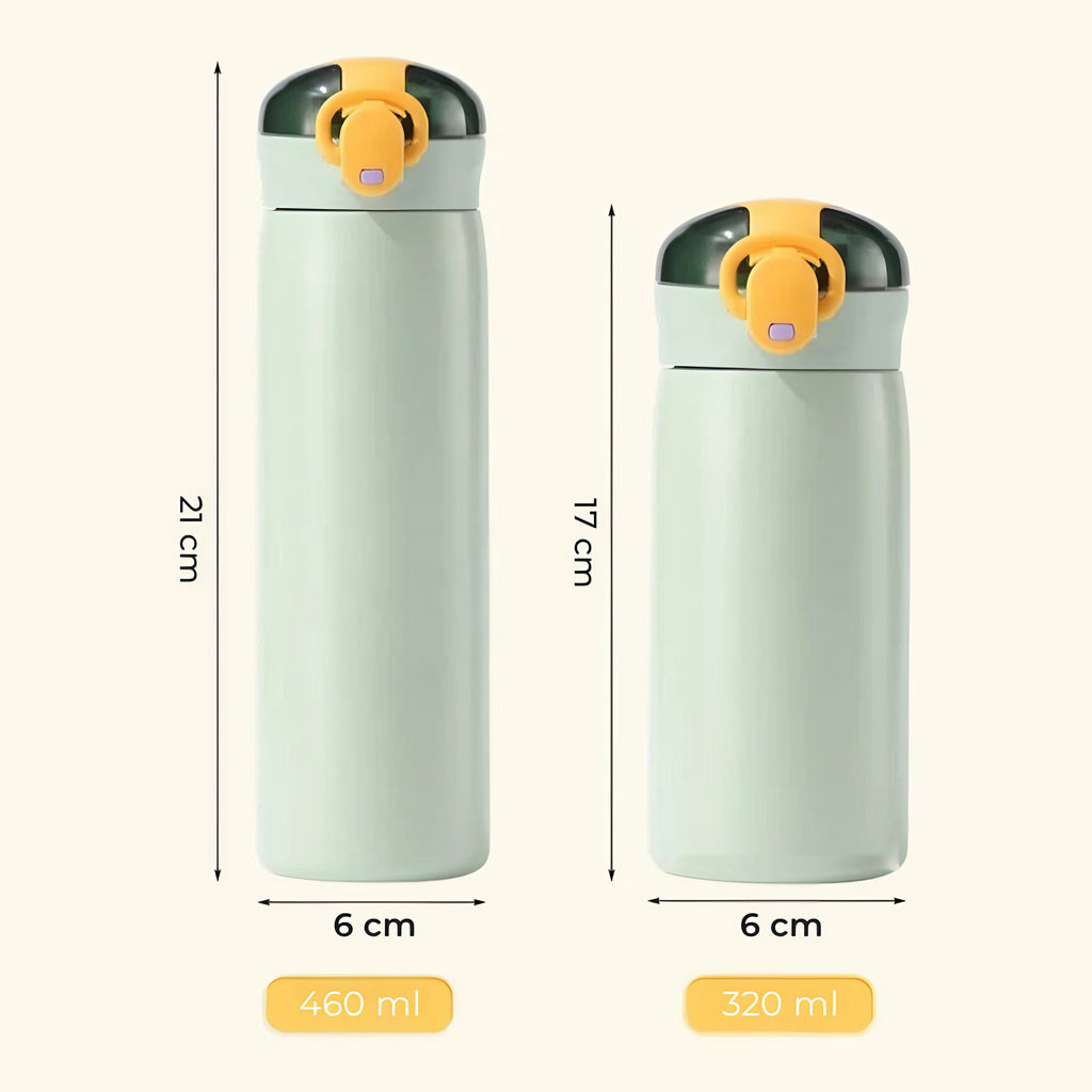 Gourde isotherme enfant à paille, 320 ou 460 ml : Cotes 21 / 17 cm, diamètre 6 cm, 460 ml / 320 ml