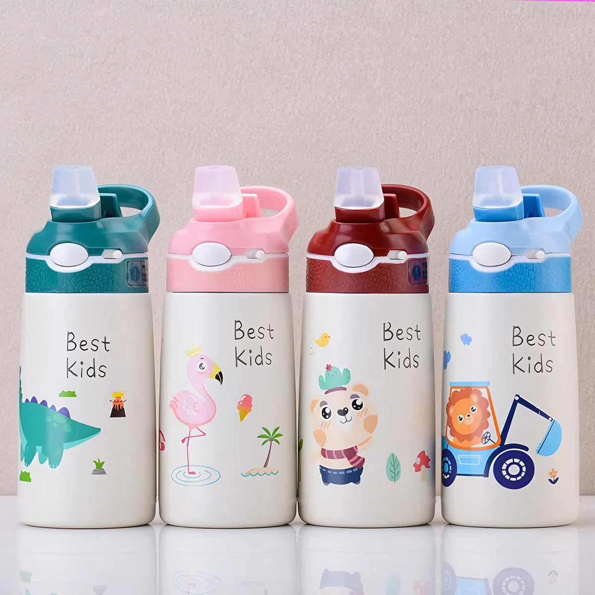 Gourde isotherme enfant à motifs : Les 4 motifs alignés