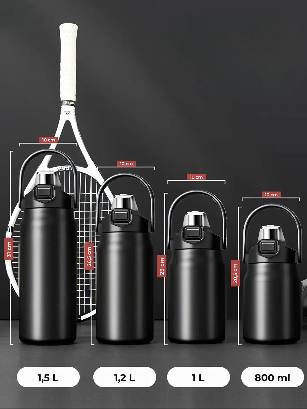 Gourde isotherme à paille et anse, 800 ml à 1,5 L : 4 contenances en noir, raquette, cotes
