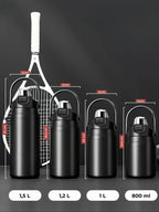 Gourde isotherme à paille et anse, 800 ml à 1,5 L : 4 contenances en noir, raquette, cotes