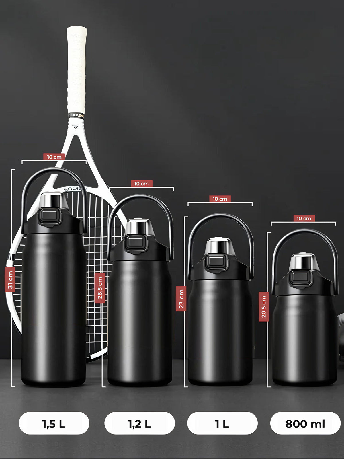 Gourde isotherme à paille et anse, 800 ml à 1,5 L : 4 contenances en noir, raquette, cotes