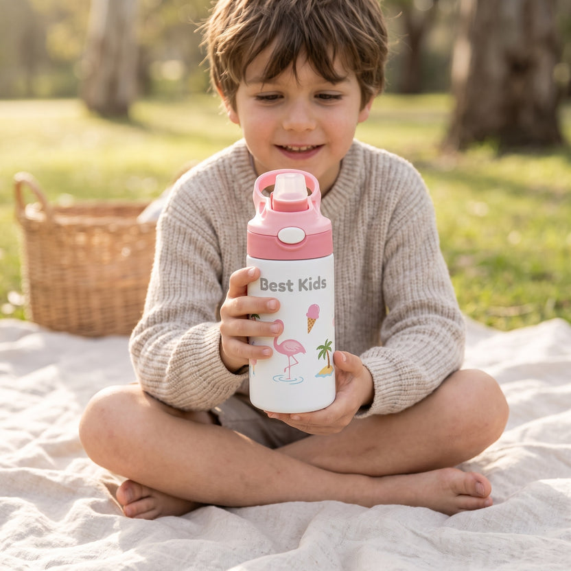 Enfant en pique-nique tenant sa gourde isotherme enfant motif flamant rose