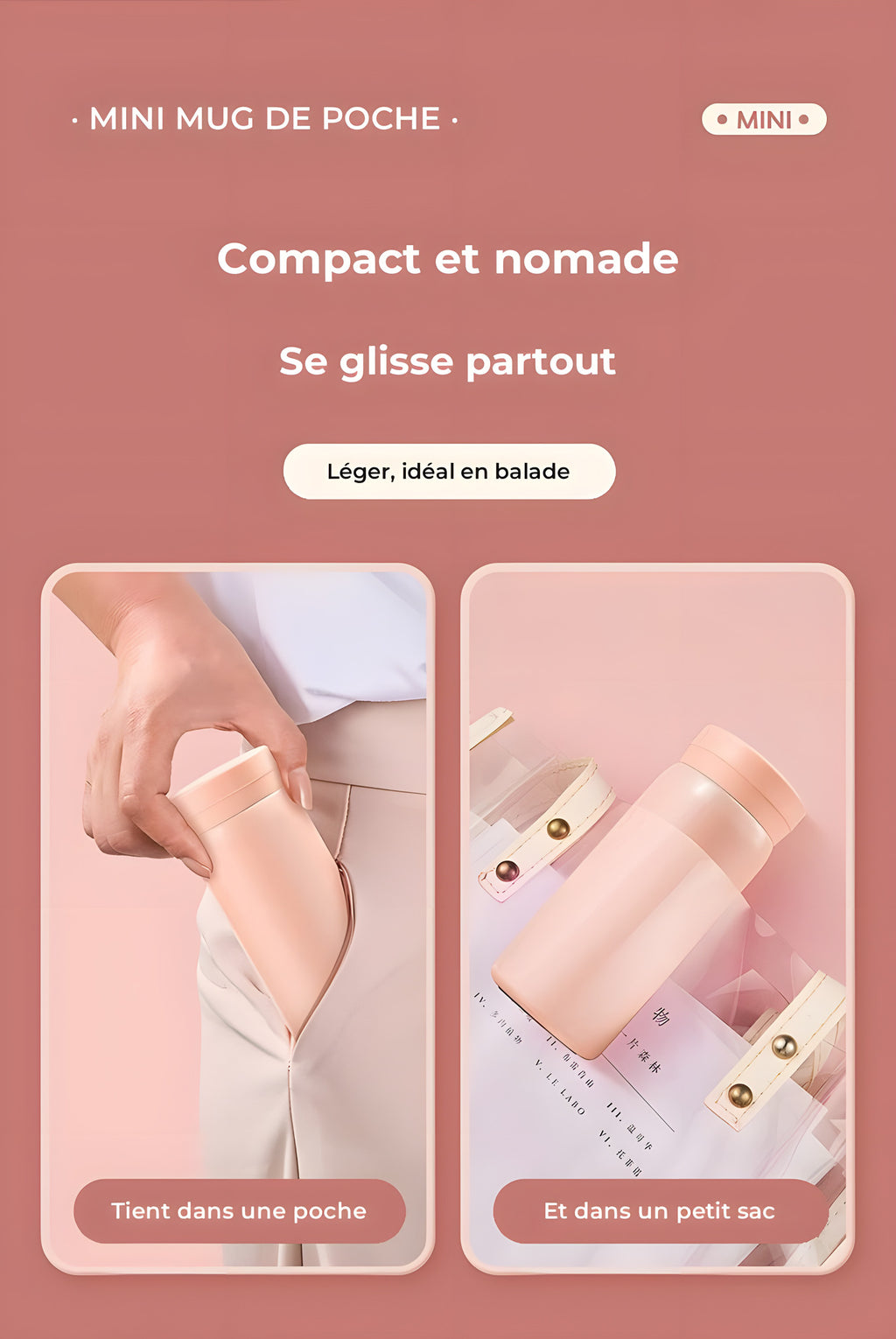 Mini mug isotherme de poche, 200 ou 300 ml : Planches roses « Mini Pocket Cup »