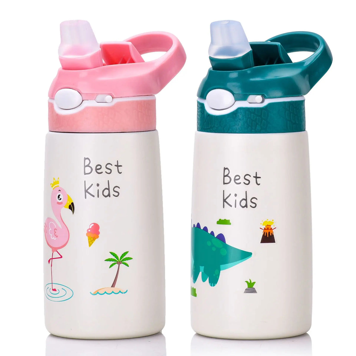 Gourde isotherme enfant à motifs : Flamant rose et Dinosaure, fond blanc