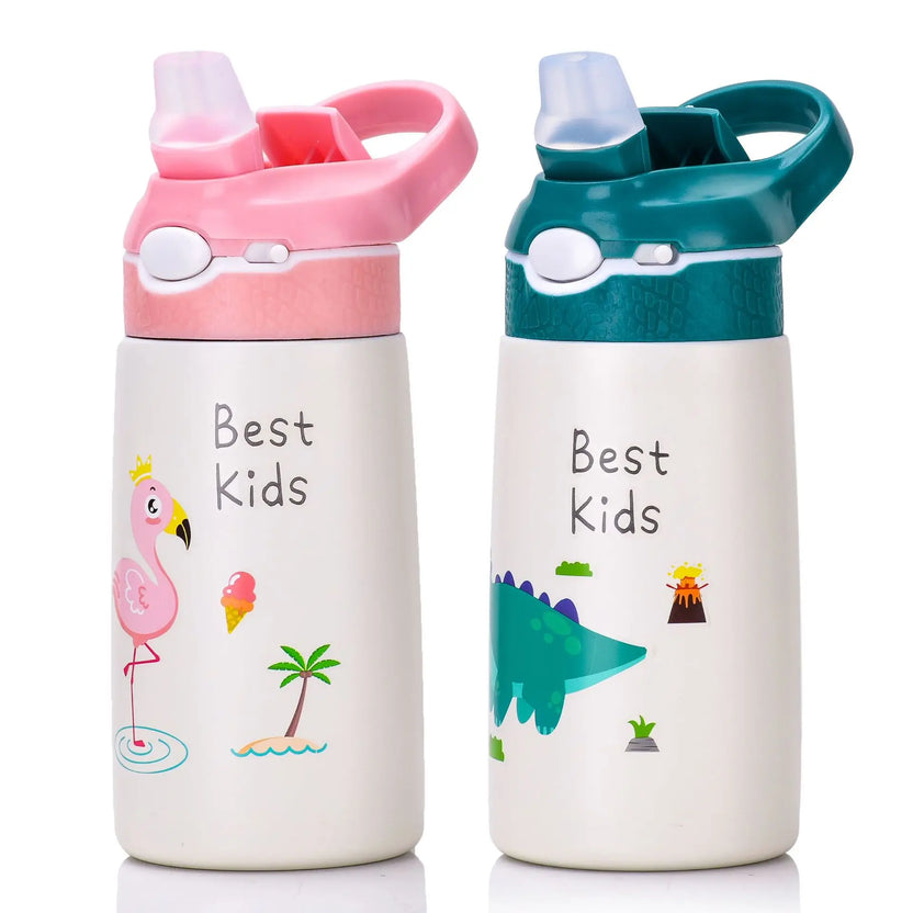 Gourde isotherme enfant à motifs : Flamant rose et Dinosaure, fond blanc