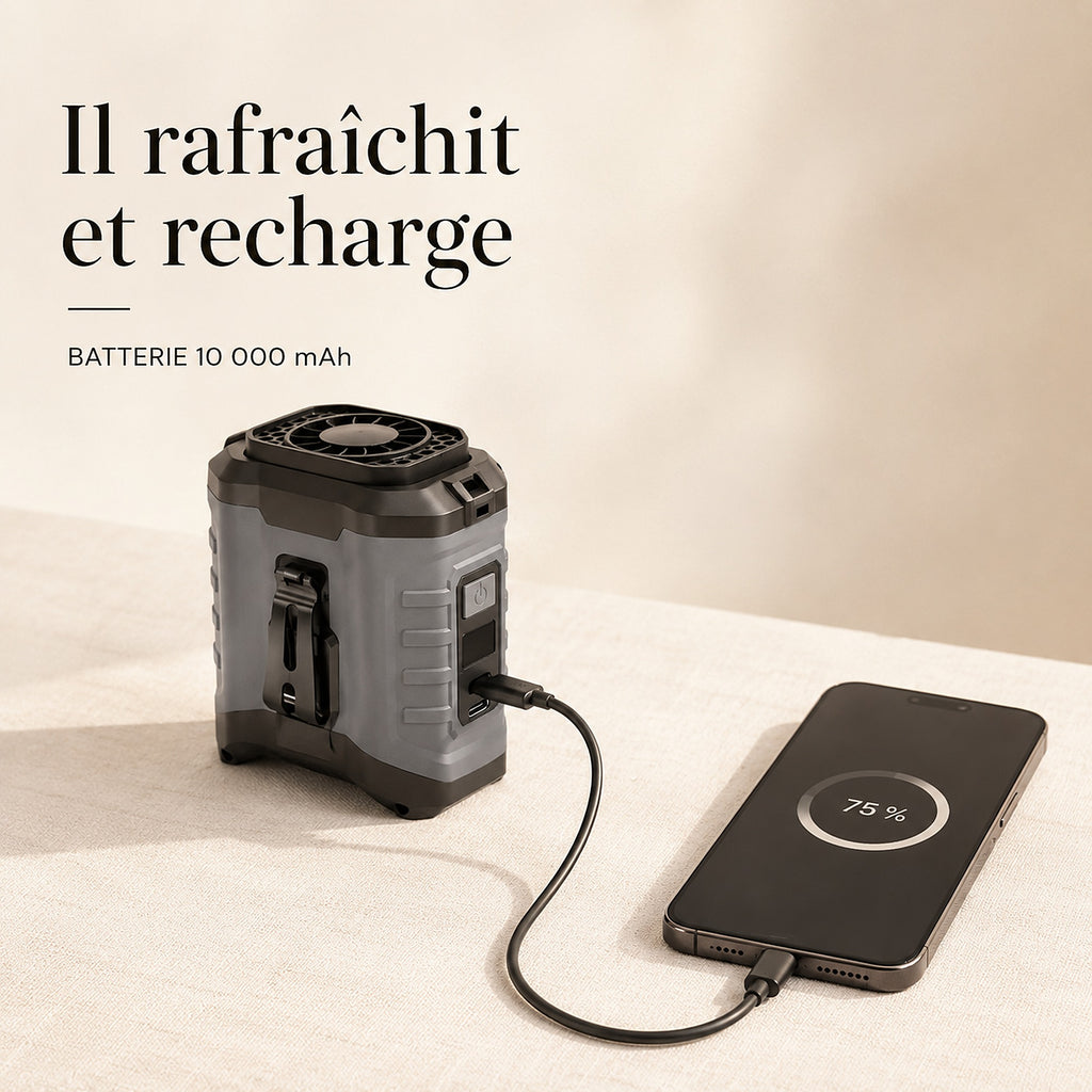 Infographie Hélios : il rafraîchit et recharge, batterie 10 000 mAh, recharge aussi le téléphone en USB
