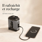 Infographie Hélios : il rafraîchit et recharge, batterie 10 000 mAh, recharge aussi le téléphone en USB