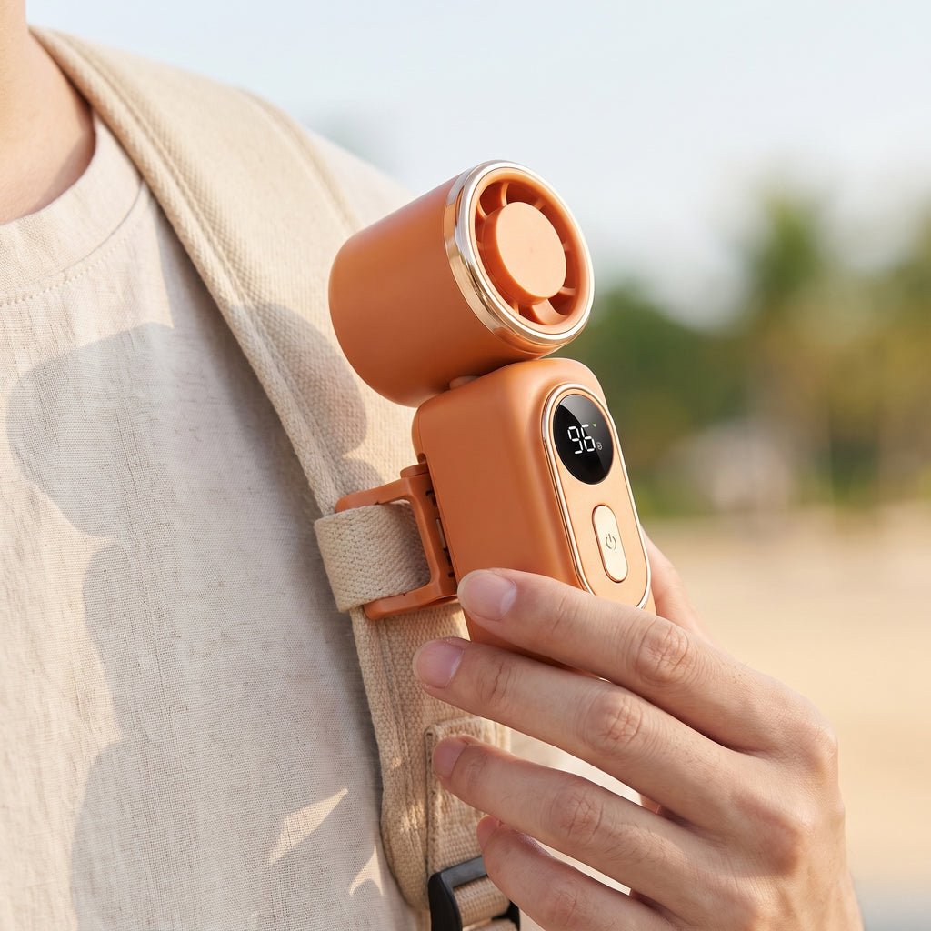 Ventilateur clip orange fixé sur la sangle d'un sac, tenu en main