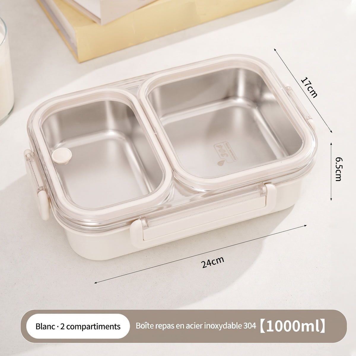 Boîte repas inox blanche à 2 compartiments, dimensions 24 x 17 x 6,5 cm
