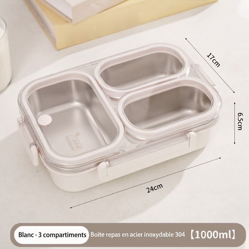Boîte repas inox blanche à 3 compartiments, dimensions 24 x 17 x 6,5 cm