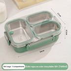 Boîte repas inox vert sauge à 3 compartiments, dimensions 24 x 17 x 6,5 cm