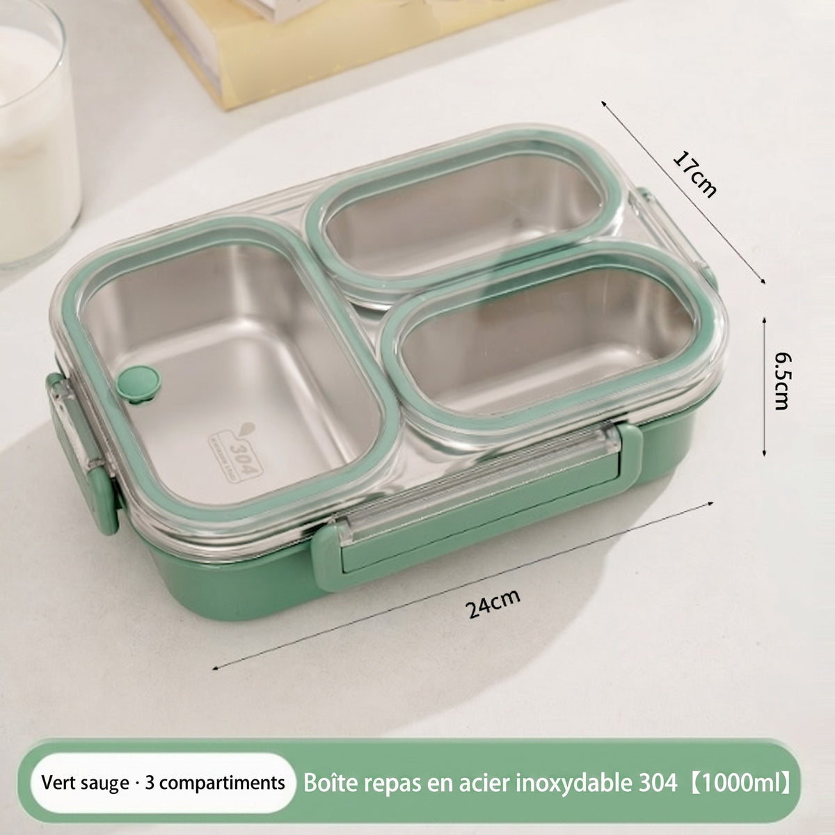 Boîte repas inox vert sauge à 3 compartiments, dimensions 24 x 17 x 6,5 cm