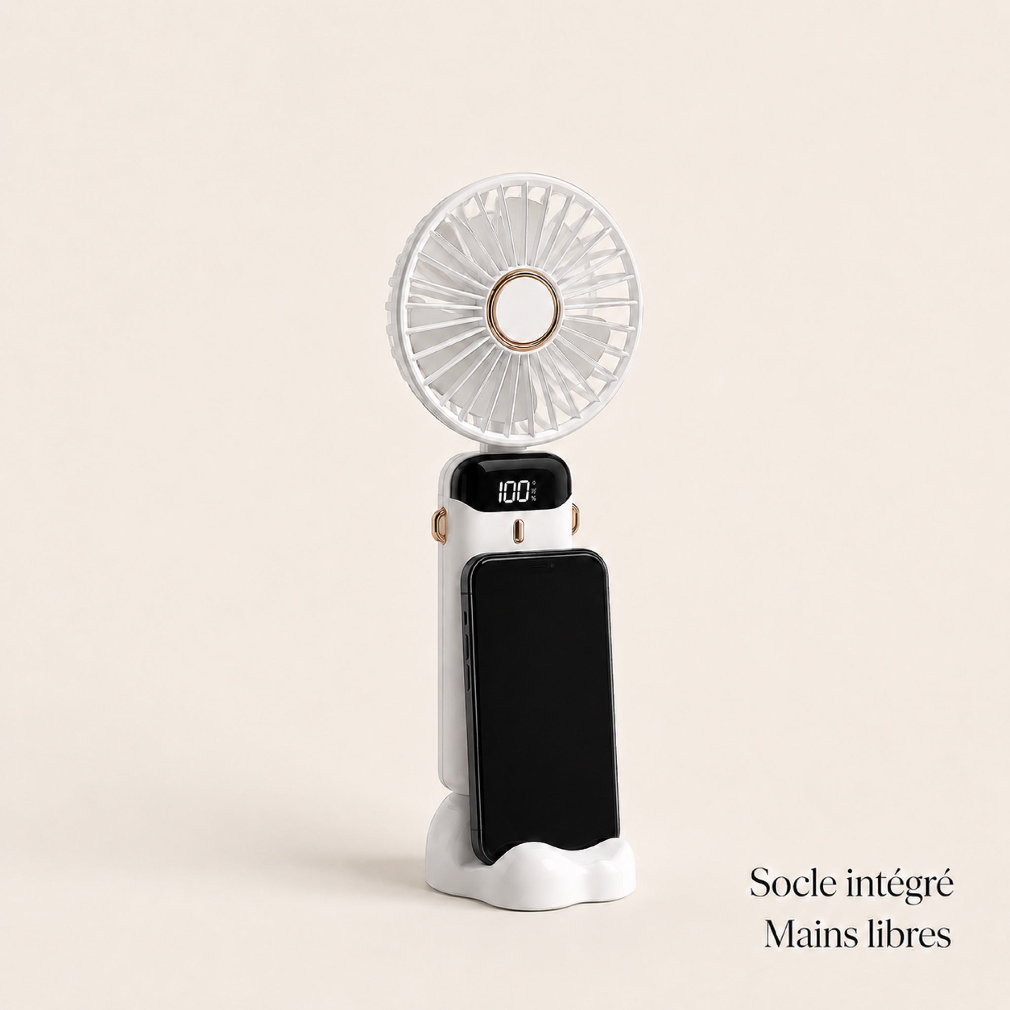Socle intégré transformant le ventilateur en support smartphone, mains libres