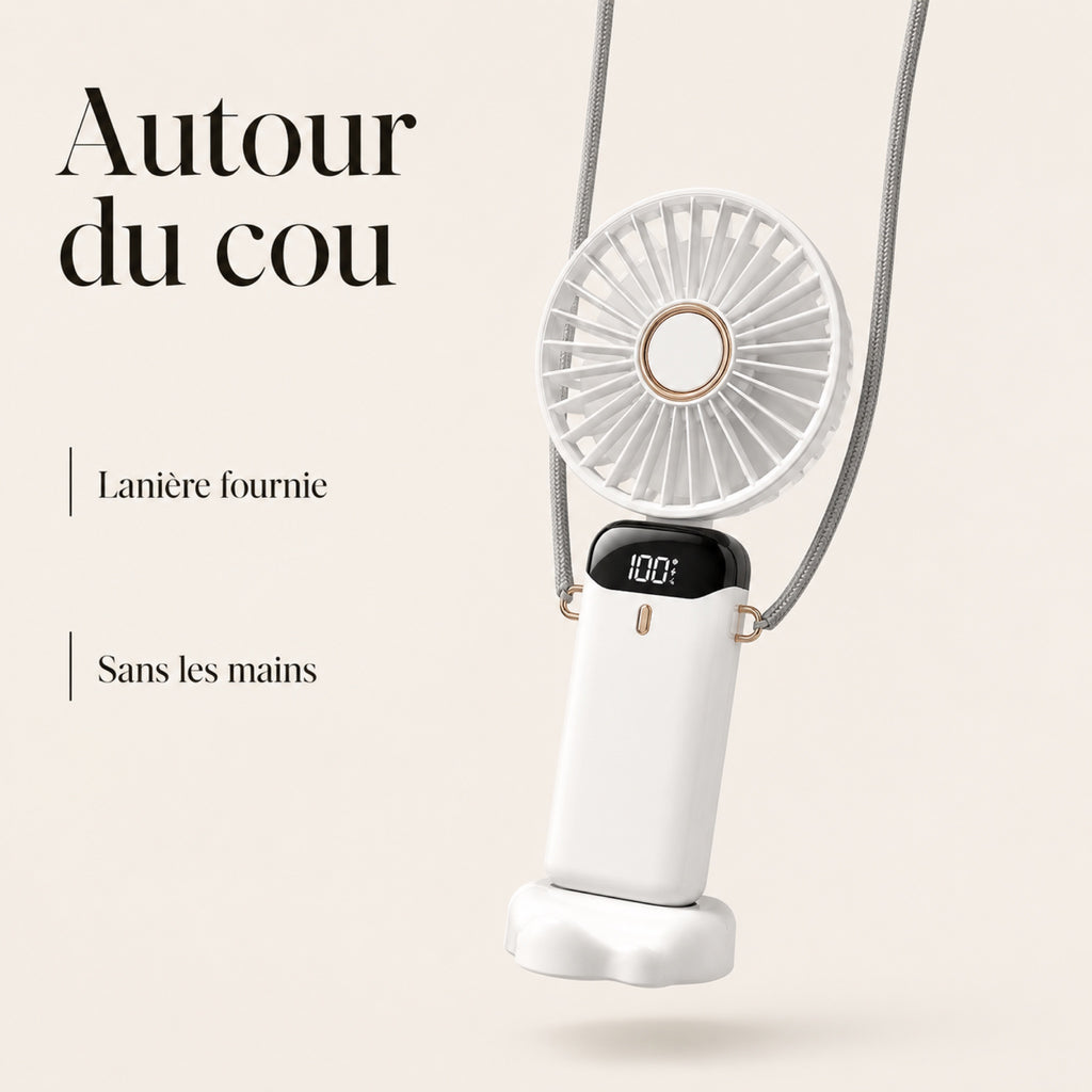 Ventilateur 3-en-1 porté autour du cou grâce à sa dragonne