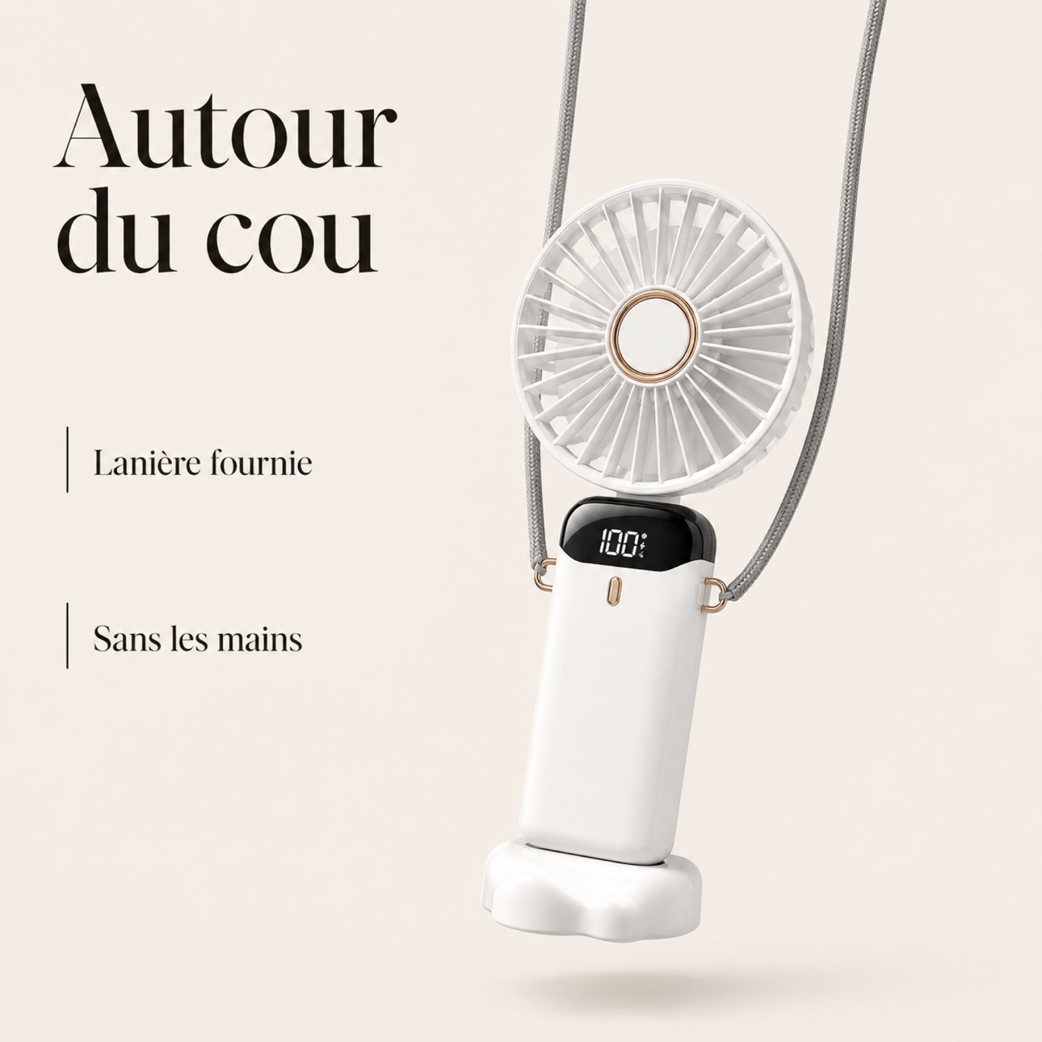 Ventilateur 3-en-1 porté autour du cou grâce à sa dragonne