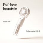 Infographie : fraîcheur brumisée, brume fine, rechargeable USB-C