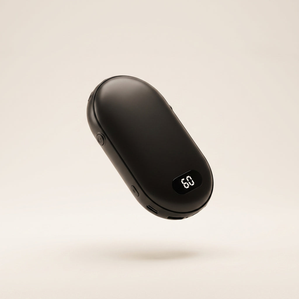 Galet chauffe-mains rechargeable noir avec écran LED, vue de trois quarts sur fond crème