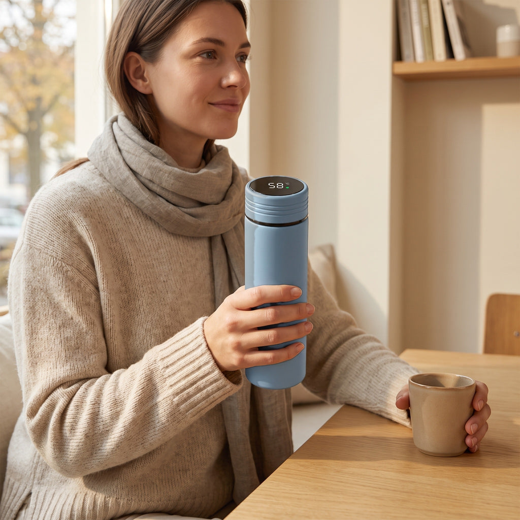 Femme assise dans un café, gourde isotherme bleu-gris à affichage de température tenue en main