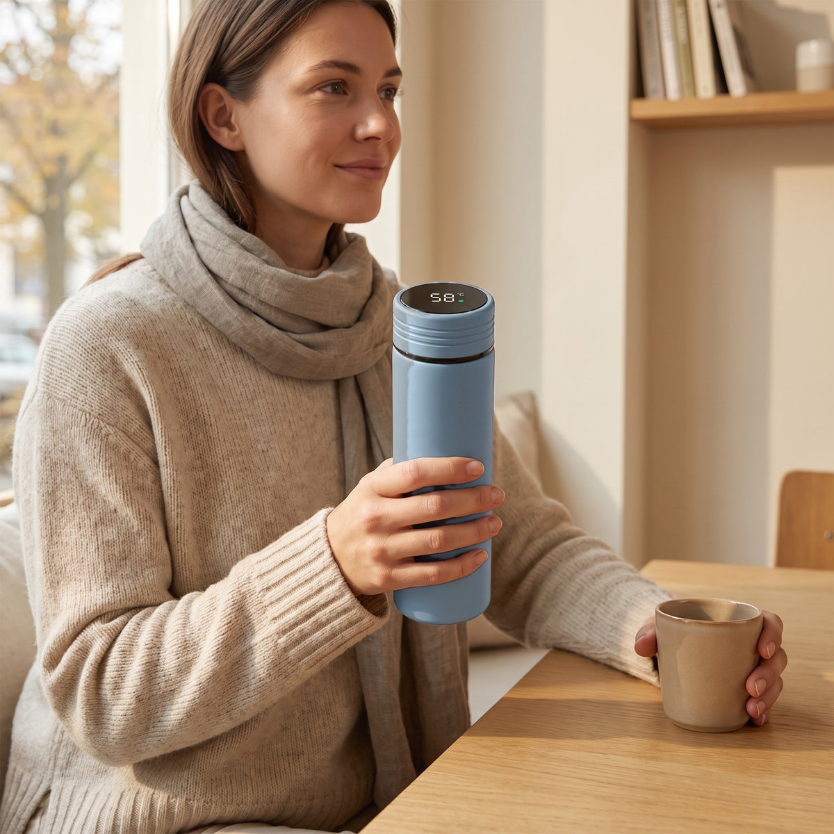 Femme assise dans un café, gourde isotherme bleu-gris à affichage de température tenue en main