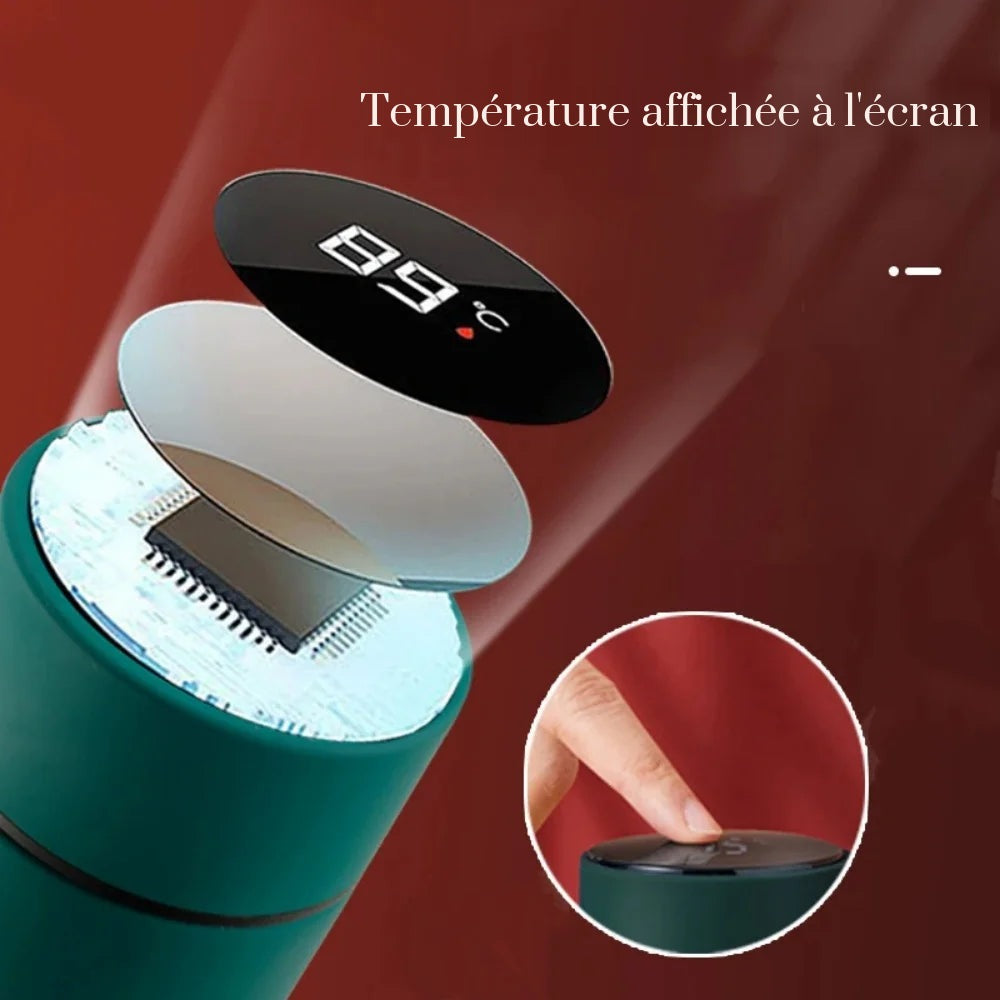 Gourde isotherme à affichage de température, décor chinois : Écran « 89 °C » éclaté, doigt sur le bouchon