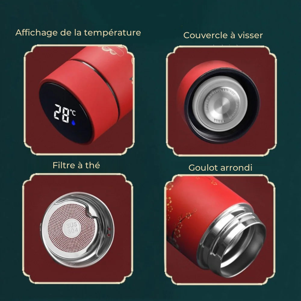 Gourde isotherme à affichage de température, décor chinois : 4 vignettes : écran, bouchon, filtre, goulot