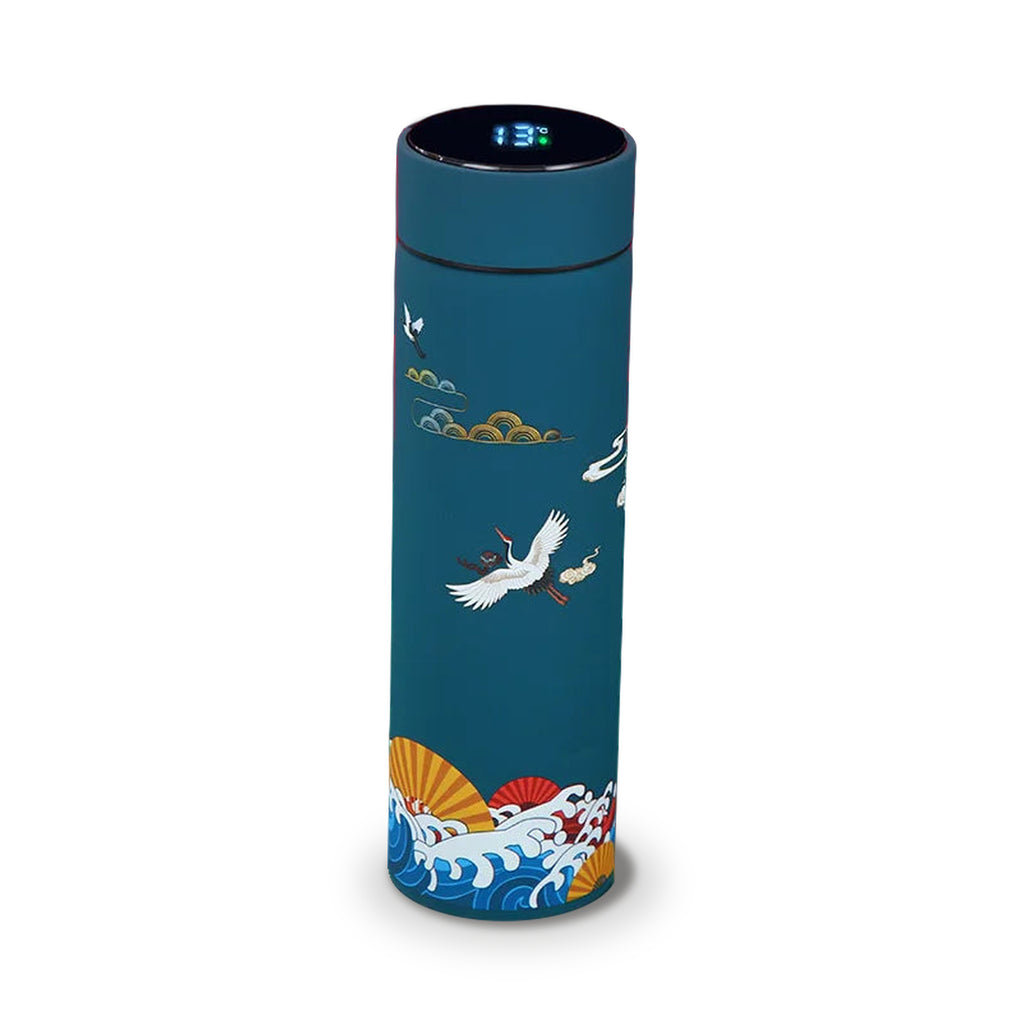 Gourde isotherme à affichage de température décor grues, coloris bleu canard, sur fond blanc