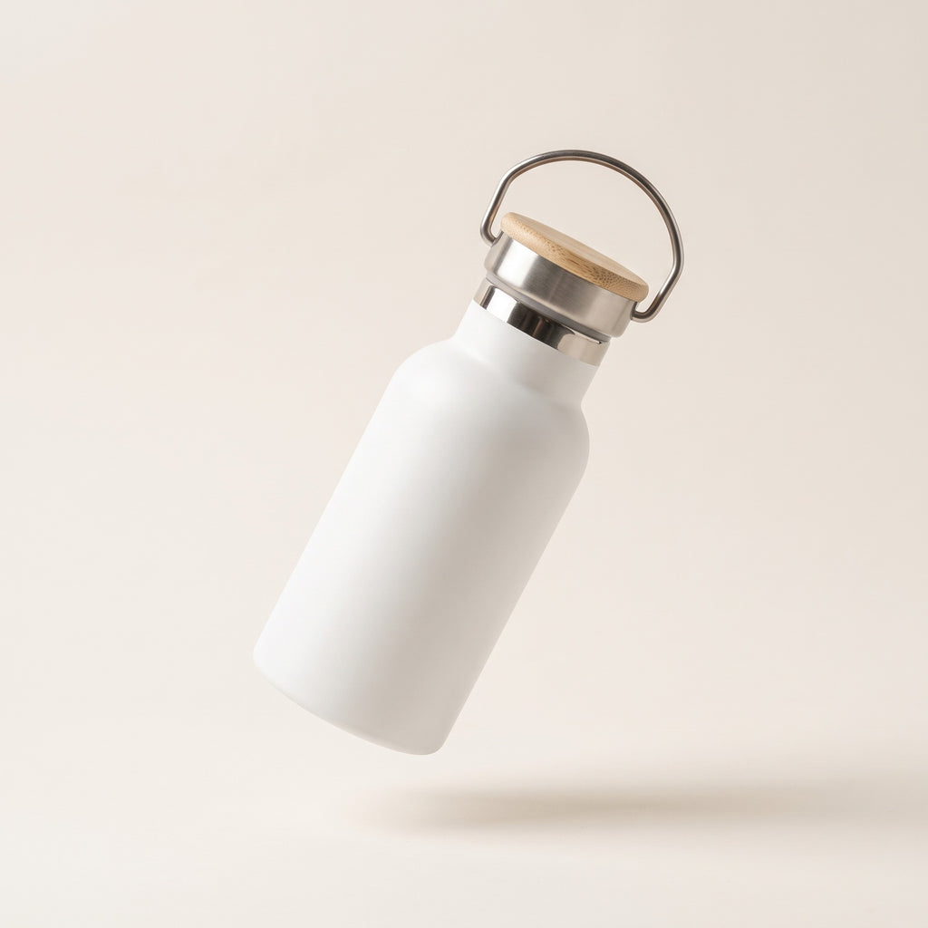 Gourde isotherme de randonnée blanche 350 ml, bouchon bambou et anse métal, fond crème