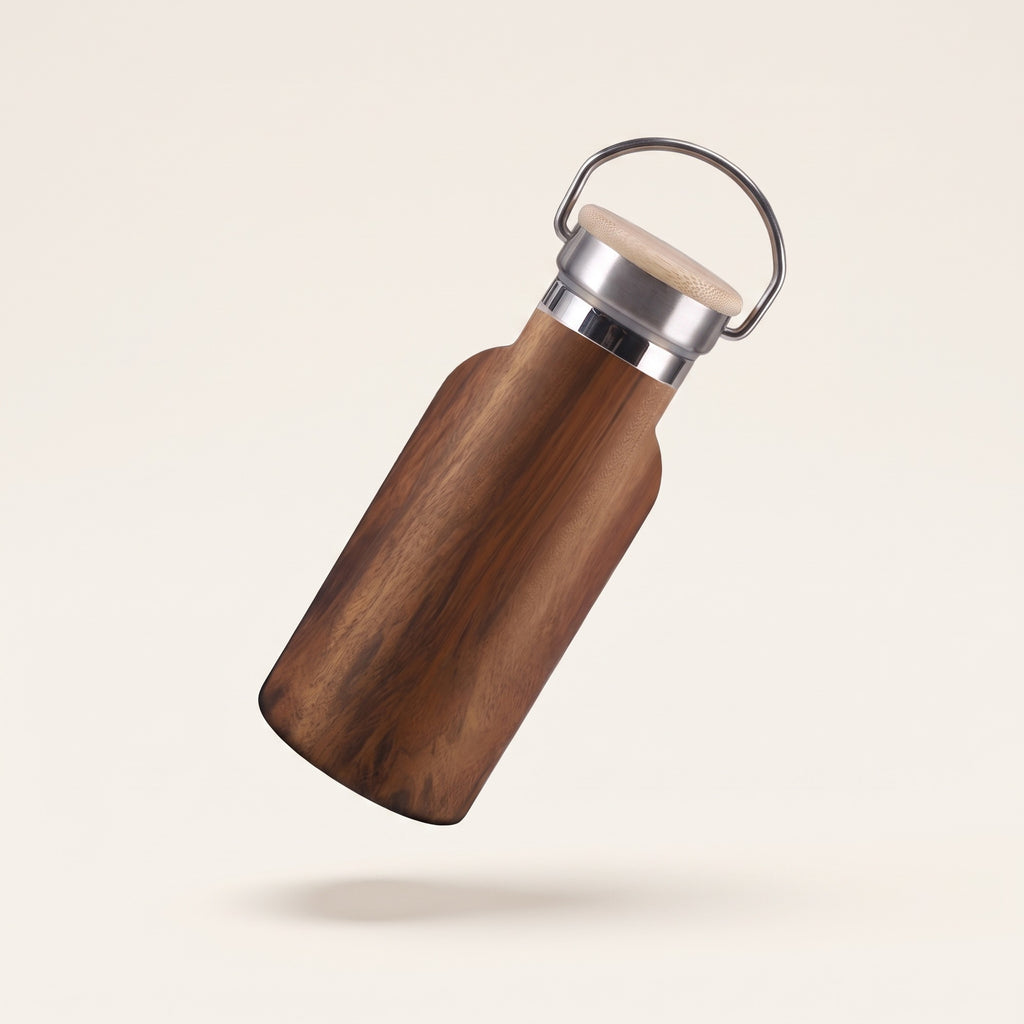 Gourde isotherme de randonnée imitation bois 350 ml, bouchon bambou et anse métal, fond crème