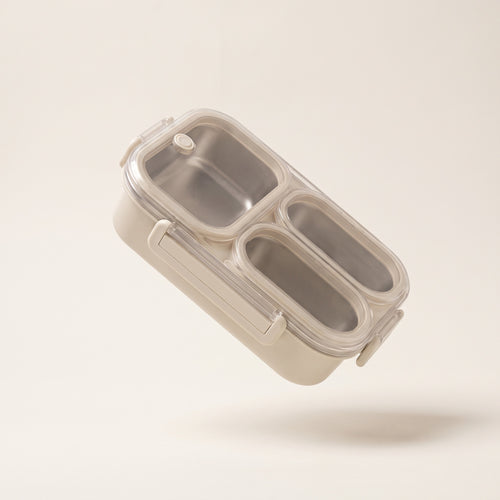 Boîte repas isotherme Hélios en inox, trois compartiments, coloris blanc, fond crème