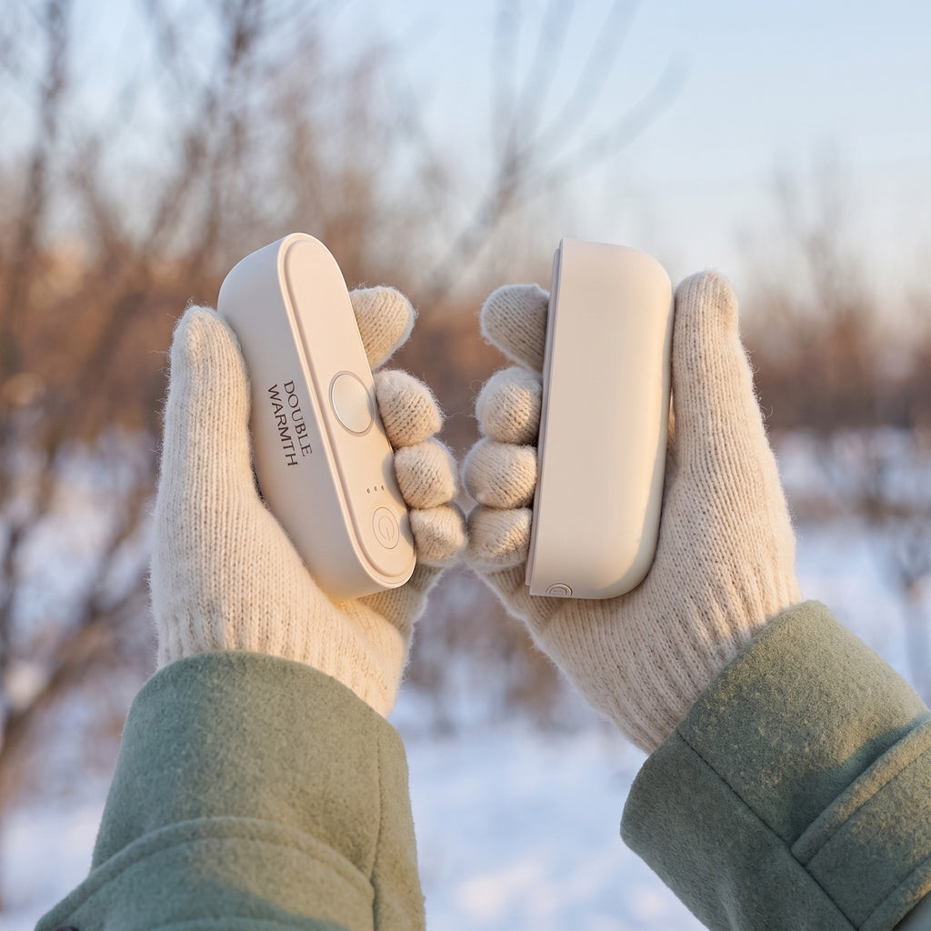 Les deux blocs du chauffe-mains magnétique tenus dans des mains gantées, en extérieur l'hiver