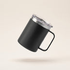 Mug isotherme noir à anse, inox double paroi, couvercle transparent, fond crème