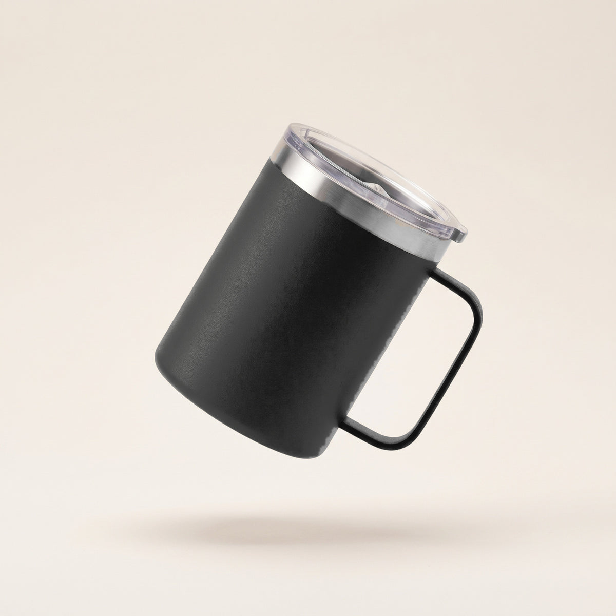Mug isotherme noir à anse, inox double paroi, couvercle transparent, fond crème