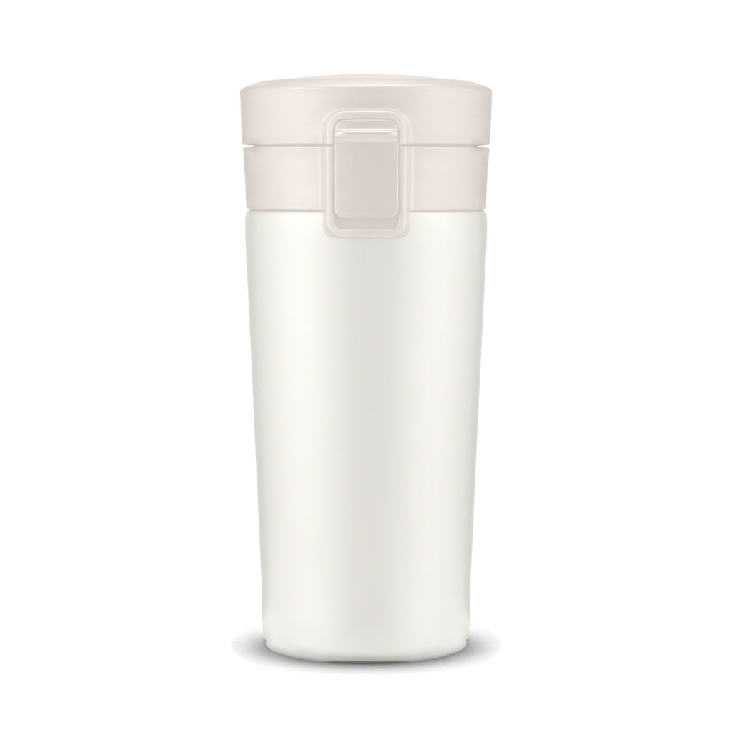 Mug isotherme de voyage à clapet, coloris blanc, sur fond blanc
