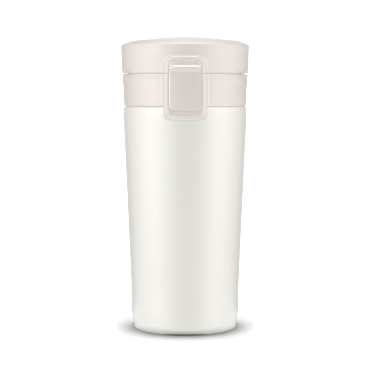 Mug isotherme de voyage à clapet, coloris blanc, sur fond blanc