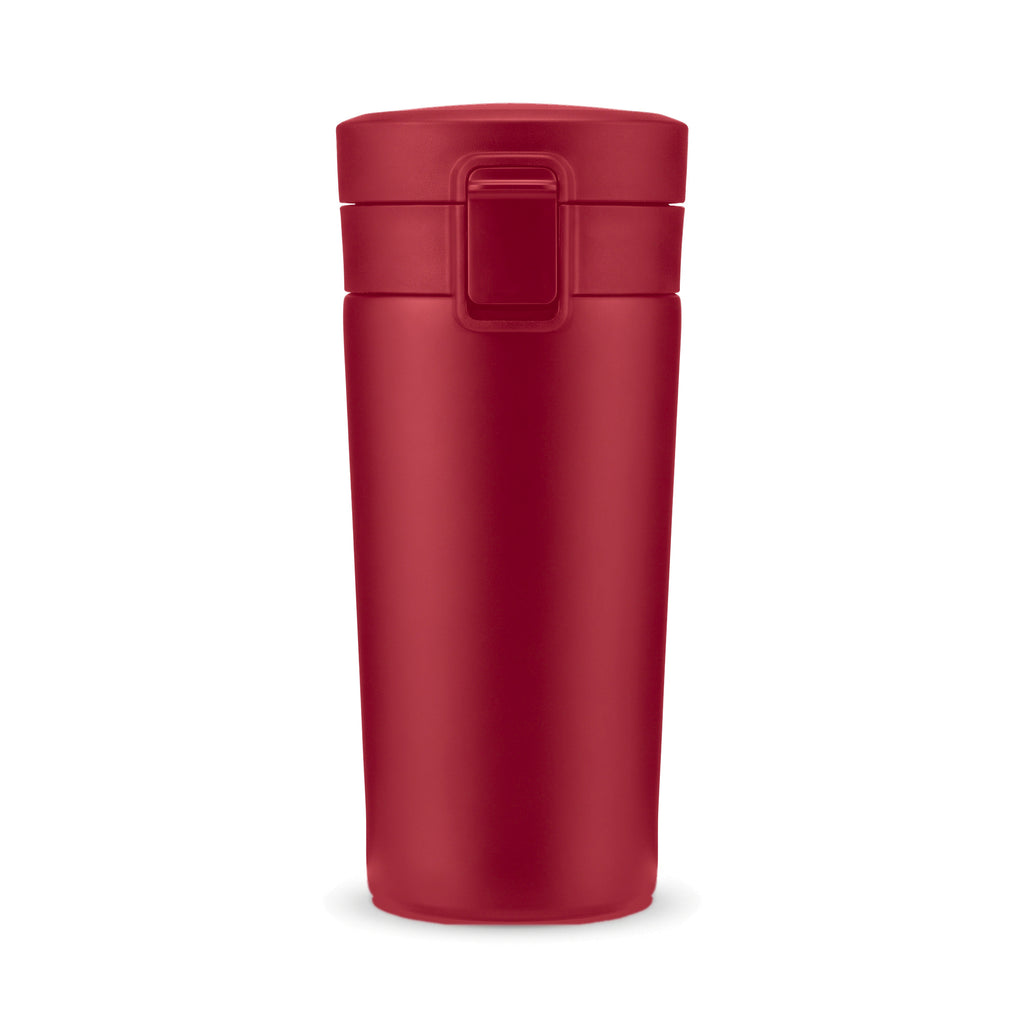 Mug isotherme de voyage à clapet, coloris framboise, sur fond blanc