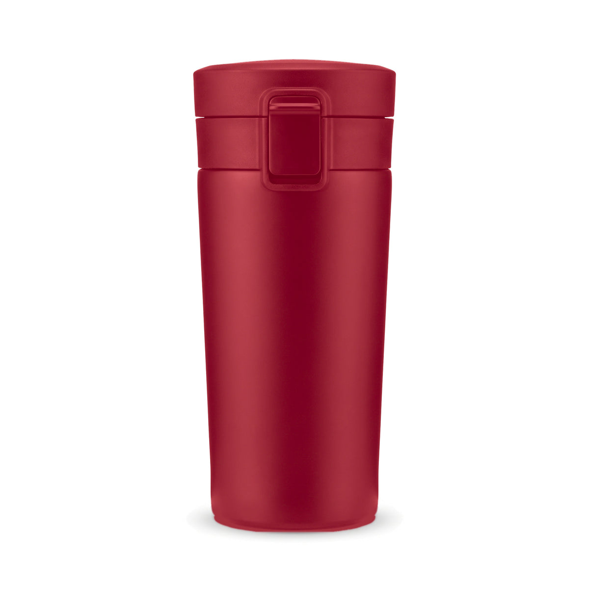 Mug isotherme de voyage à clapet, coloris framboise, sur fond blanc