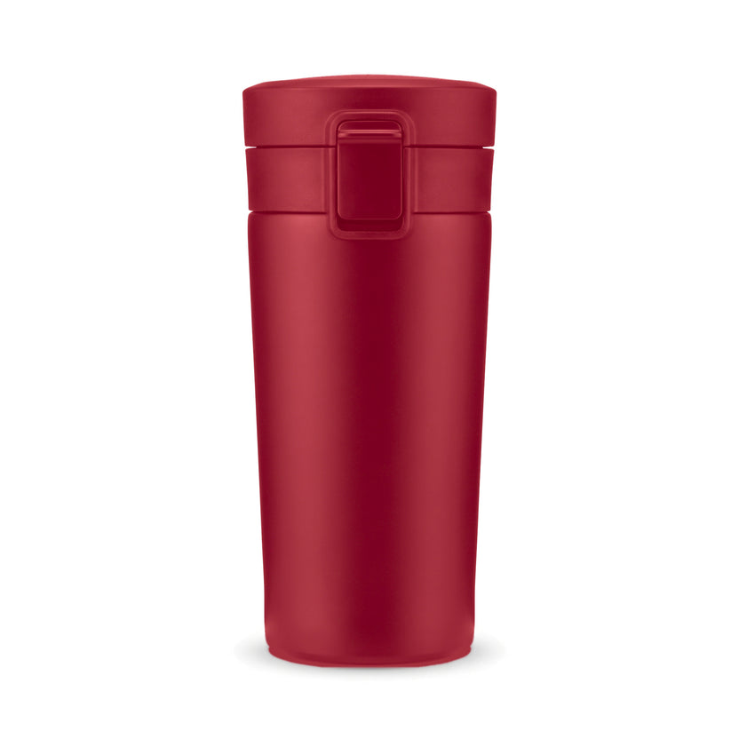 Mug isotherme de voyage à clapet, coloris framboise, sur fond blanc