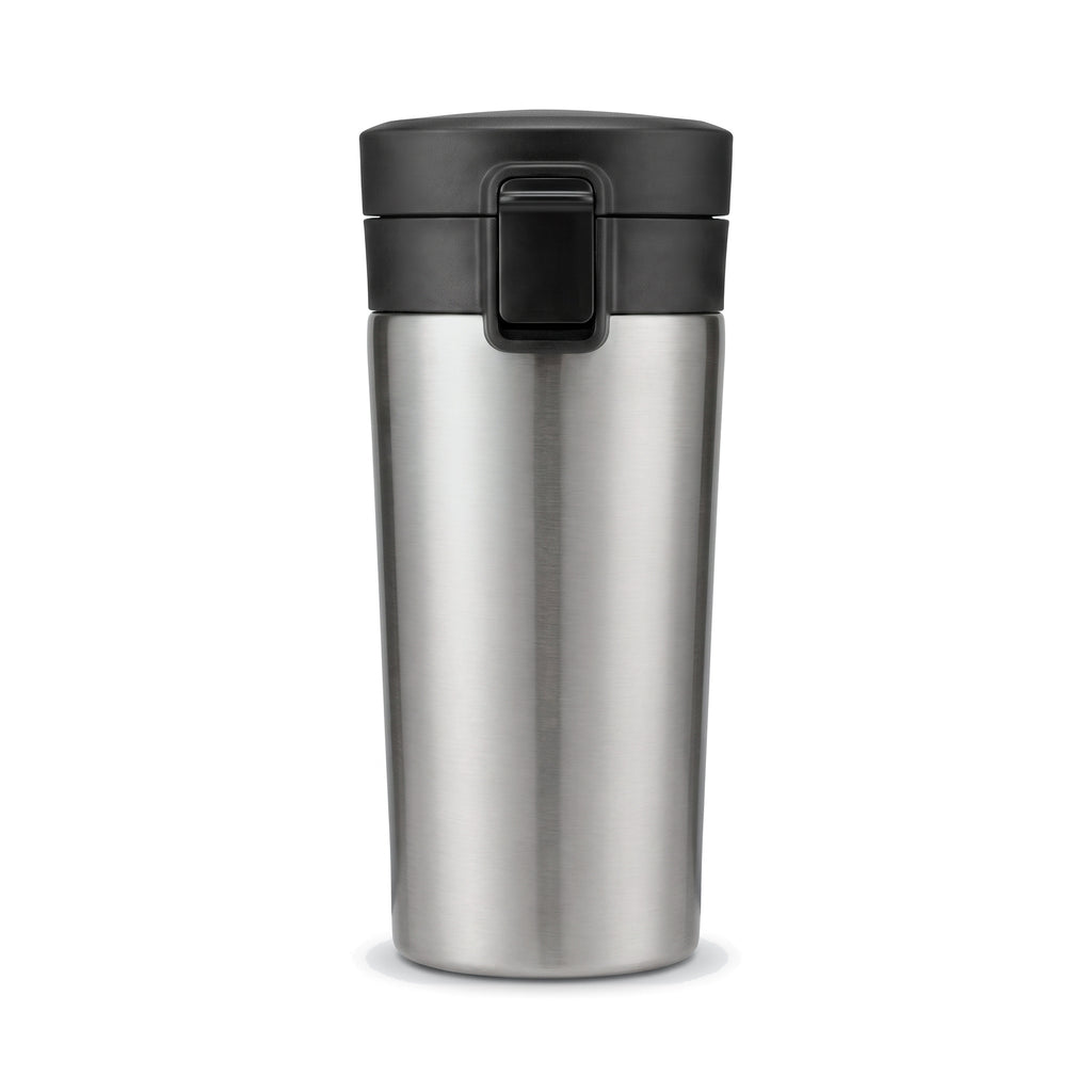 Mug isotherme de voyage à clapet, coloris inox, sur fond blanc