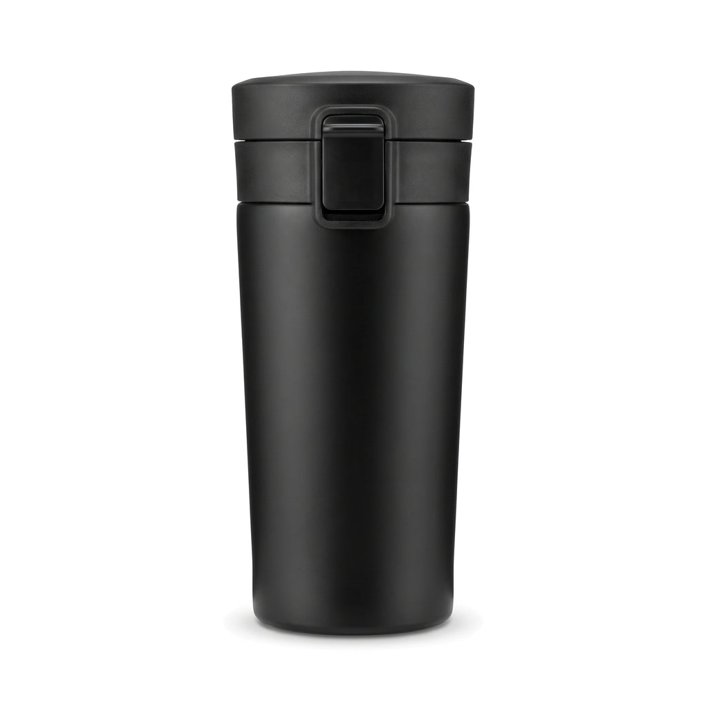 Mug isotherme de voyage à clapet, coloris noir, sur fond blanc
