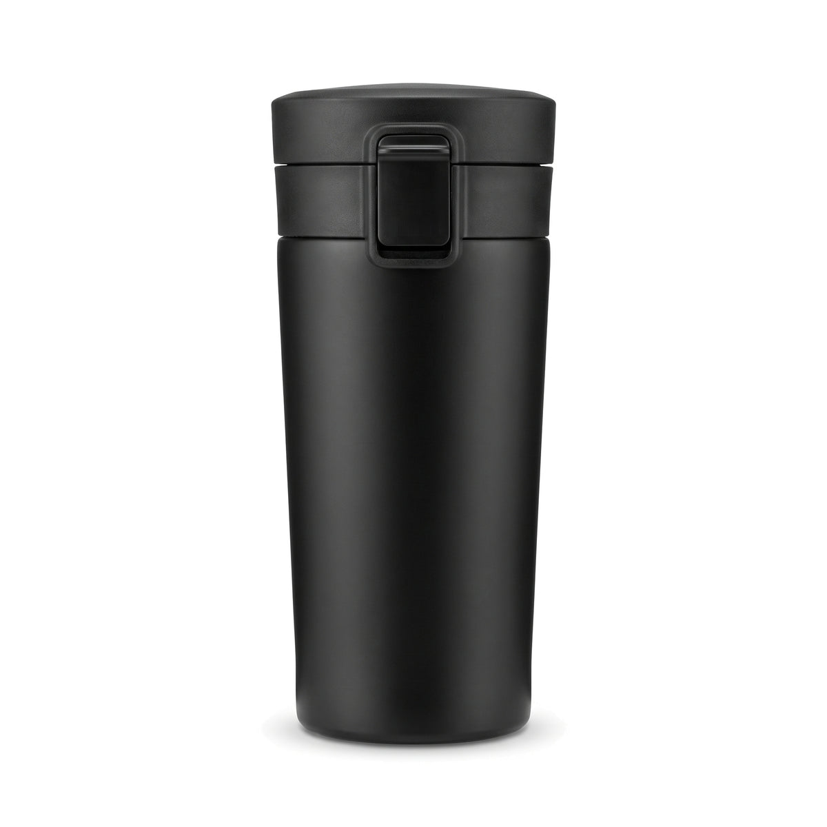 Mug isotherme de voyage à clapet, coloris noir, sur fond blanc