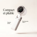 Infographie : compact et pliable, poignée pliable, rechargeable USB-C