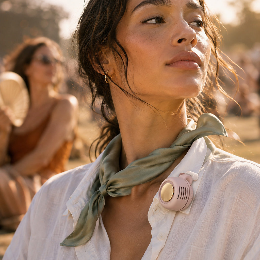 Ventilateur à clip sans pales Hélios coloris rose, clipsé au col d'une chemise, en festival