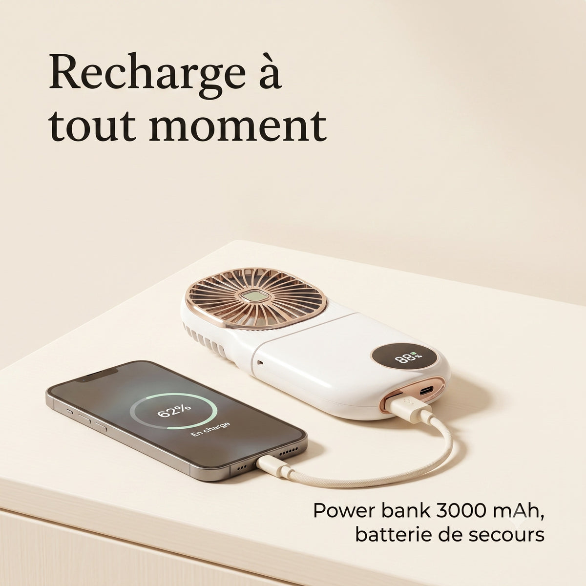Infographie Hélios : recharge à tout moment, power bank 3000 mAh, batterie de secours