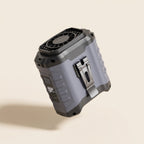 Ventilateur de ceinture gris avec batterie externe, grille du ventilateur sur le dessus et clip métal