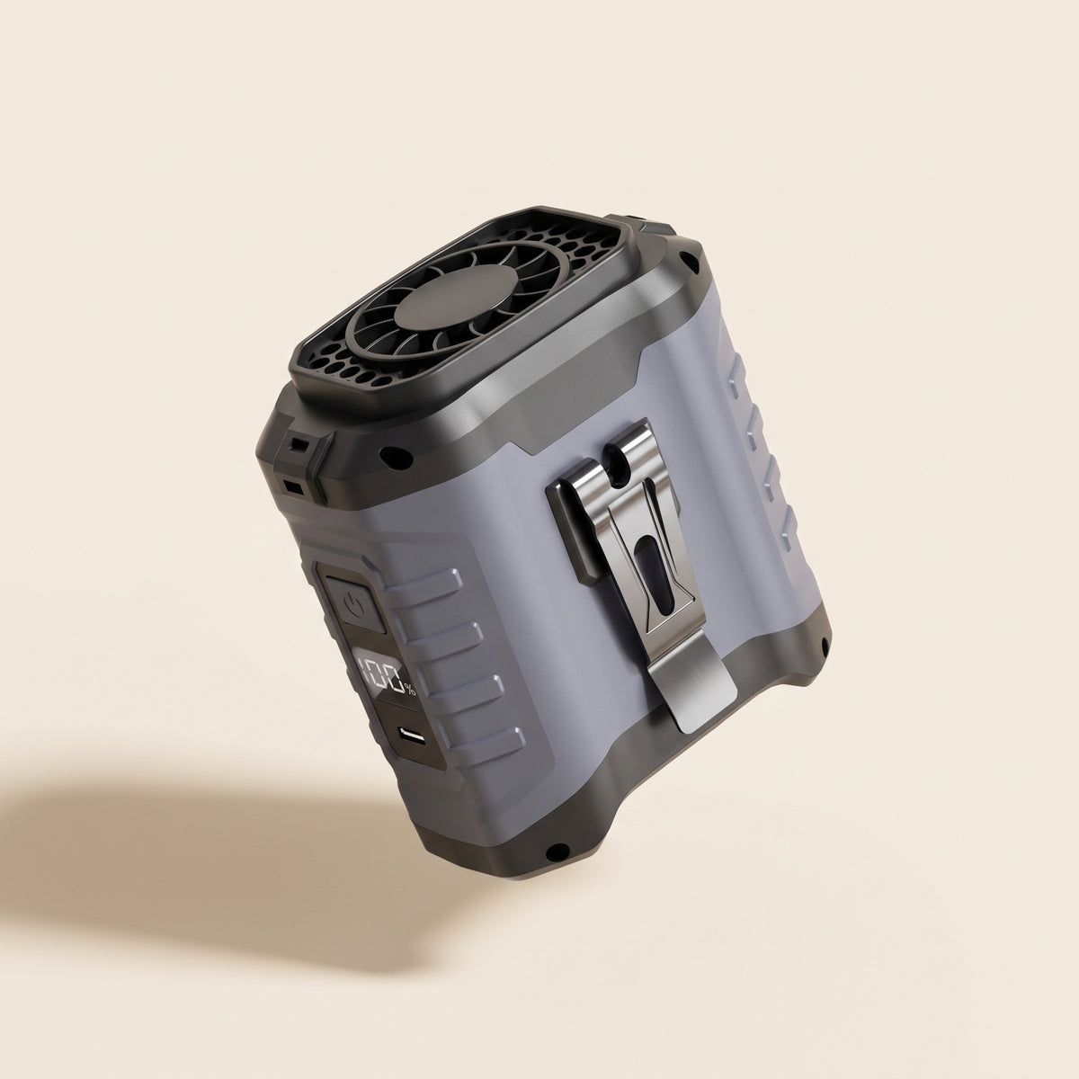 Ventilateur de ceinture gris avec batterie externe, grille du ventilateur sur le dessus et clip métal
