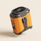 Ventilateur de ceinture orange avec batterie externe, grille du ventilateur sur le dessus et clip métal