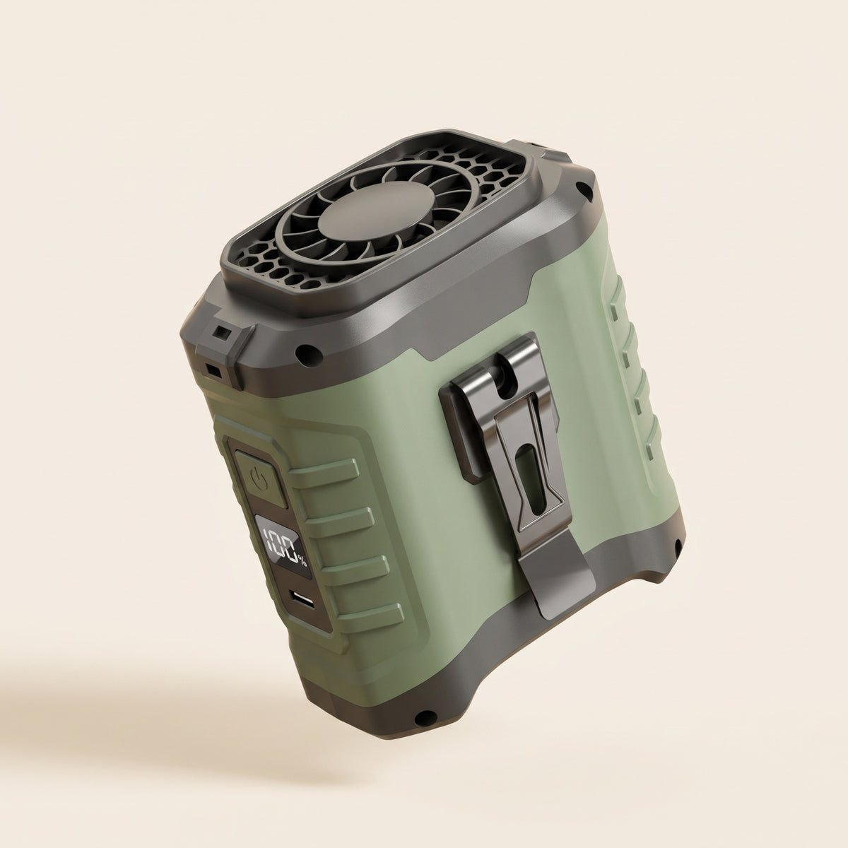 Ventilateur de ceinture vert kaki avec batterie externe, grille du ventilateur sur le dessus et clip métal